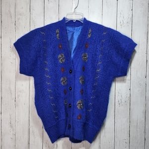 Vintage City Women's Royal Blue Angora Cardigan Sweater Lined Beaded Size Medium